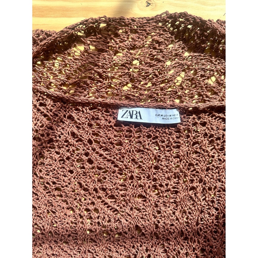 Zara Brown Open Knit Poncho Sweater Crochet Asymmetrical Shell Button Size M - Picture 3 of 8